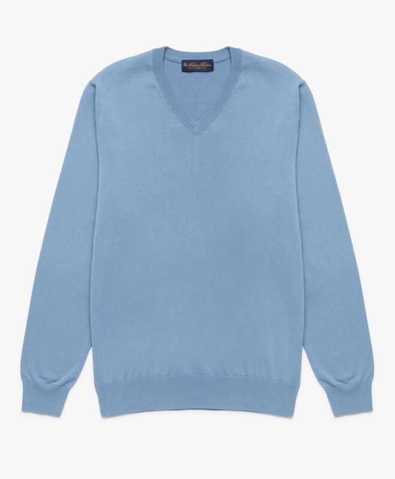 Light Blue Brooks Brothers Cotton V-Neck Men Sweaters | KNH-520486