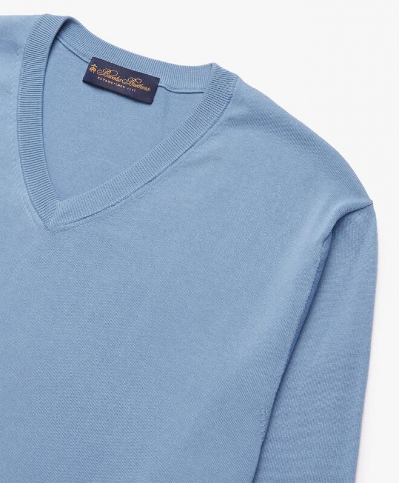 Light Blue Brooks Brothers Cotton V-Neck Men Sweaters | KNH-520486