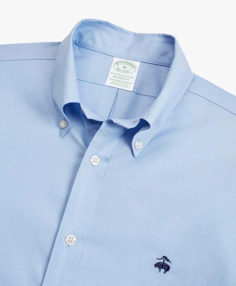 Light Blue Brooks Brothers Milano Slim-fit Non-Iron, Oxford Stretch, Button-Down Collar Men Shirts | WXC-680435