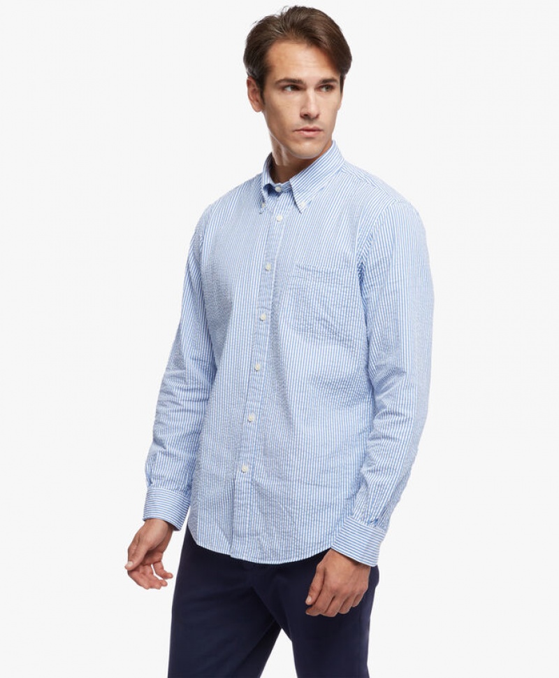 Light Blue Brooks Brothers Regent Regular-fit, Seersucker Stretch, Button-Down Collar Men Shirts | IXM-531278