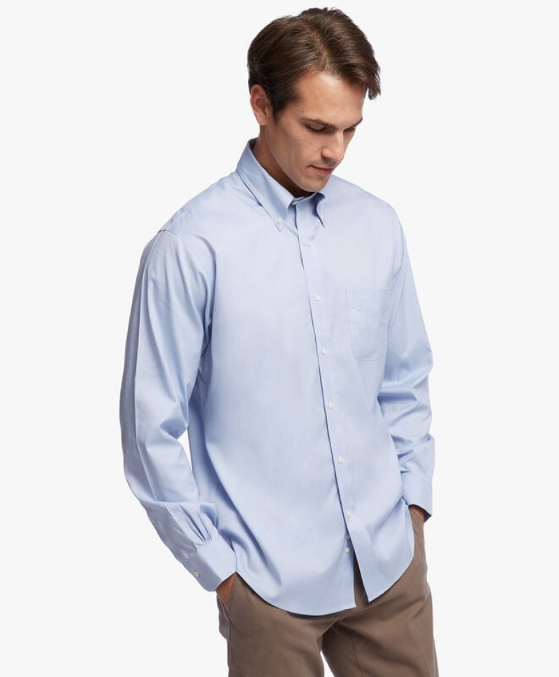 Light Blue Brooks Brothers Regent Regular-fit Non-iron, Pinpoint Stretch, Button-Down Collar Men Shirts | IXJ-286735