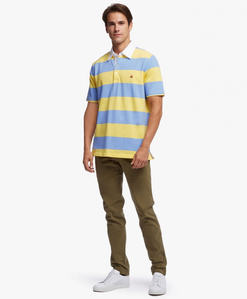 Light Blue / Yellow Brooks Brothers Slim-fit Rugby Stripe Stretch Pique Men Polo | IXW-598106