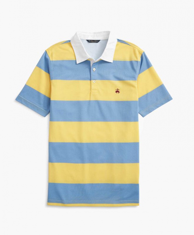 Light Blue / Yellow Brooks Brothers Slim-fit Rugby Stripe Stretch Pique Men Polo | IXW-598106