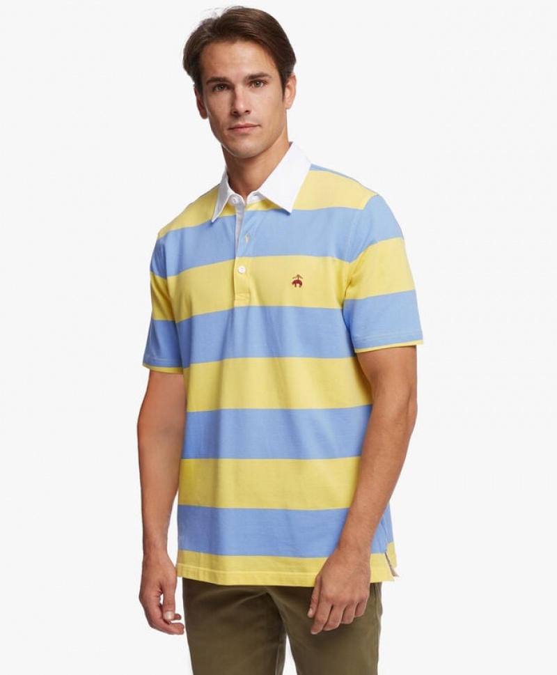 Light Blue / Yellow Brooks Brothers Slim-fit Rugby Stripe Stretch Pique Men Polo | IXW-598106