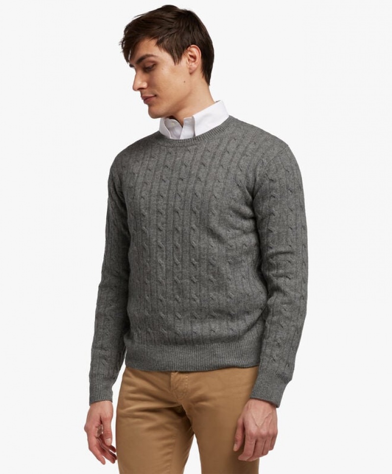 Light Grey Brooks Brothers Cable-Knit Crew-Neck Men Sweaters | KDQ-904738