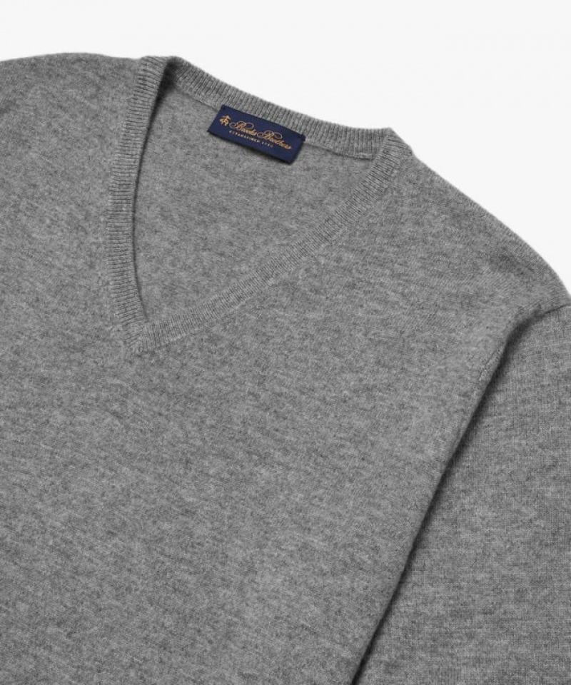 Light Grey Brooks Brothers Cashmere V-Neck Men Sweaters | DWE-017952