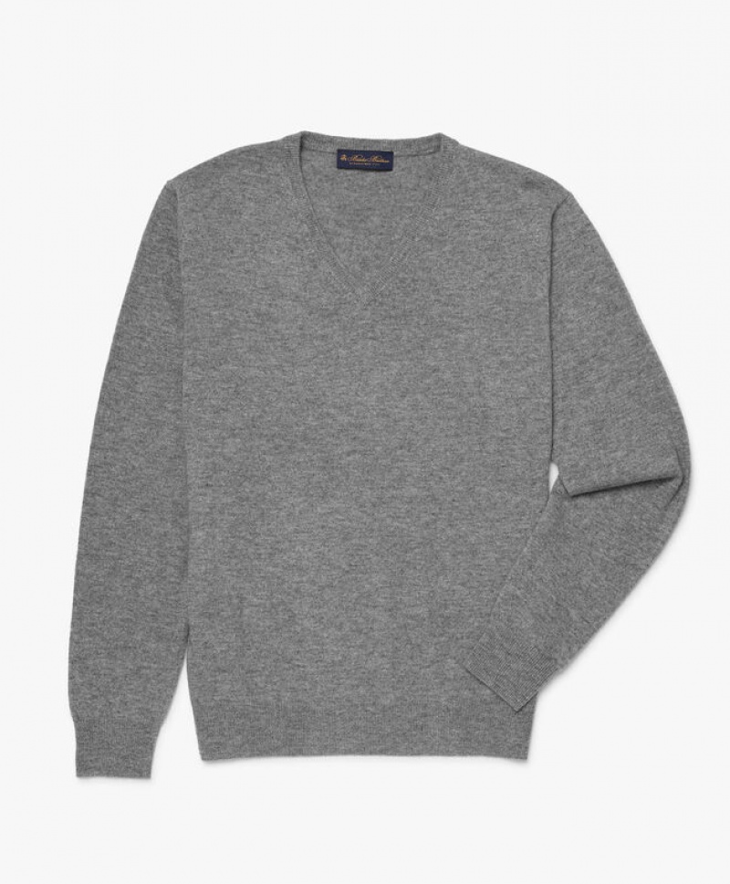 Light Grey Brooks Brothers Cashmere V-Neck Men Sweaters | DWE-017952