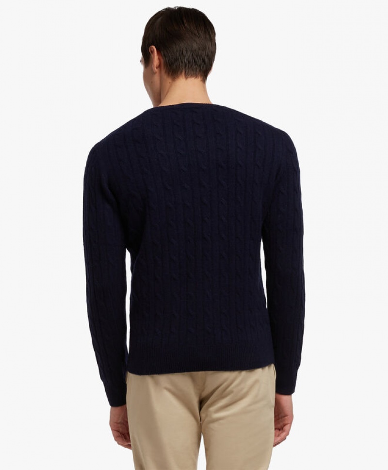 Navy Brooks Brothers Cable-Knit Crew-Neck Men Sweaters | CXG-051987