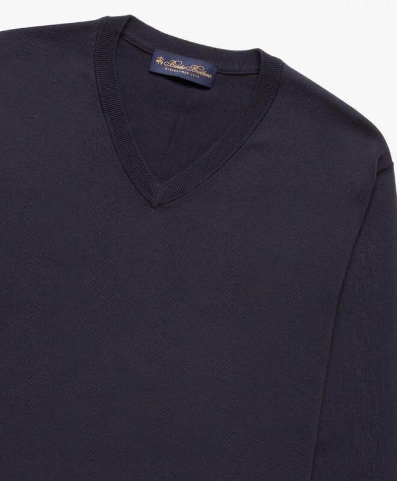 Navy Brooks Brothers Cotton V-Neck Men Sweaters | CVP-043619