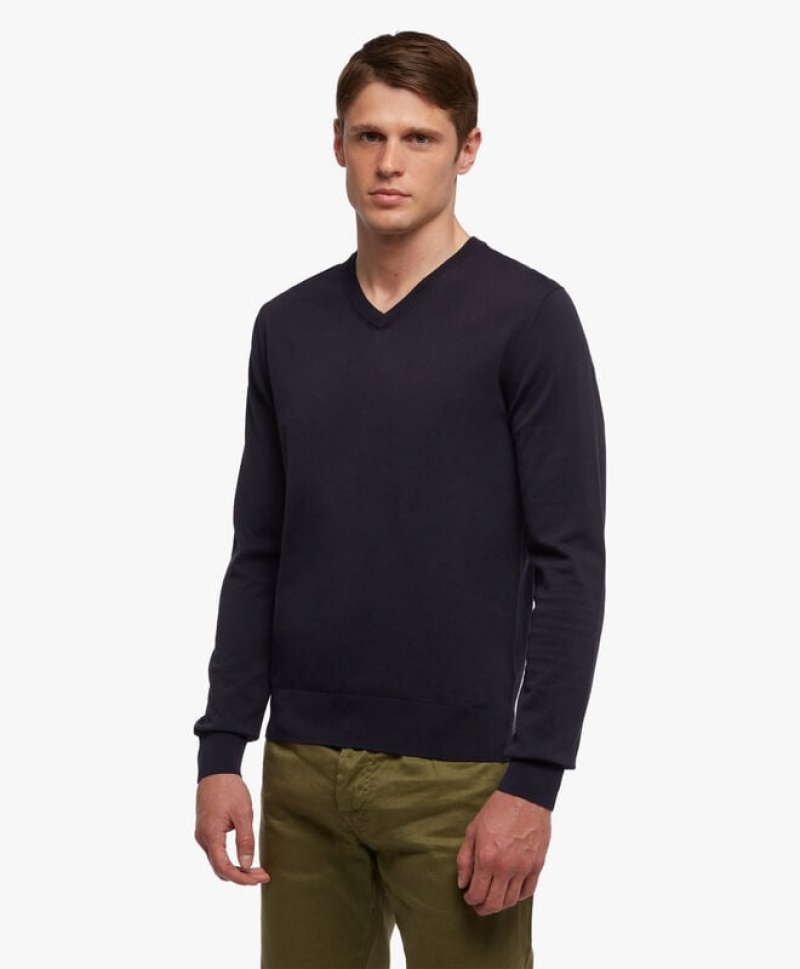 Navy Brooks Brothers Cotton V-Neck Men Sweaters | CVP-043619