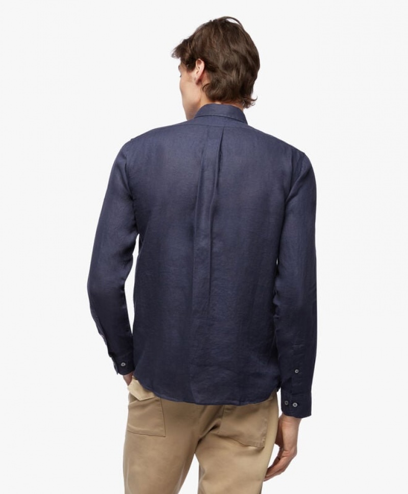 Navy Brooks Brothers Milano Slim-fit Irish Linen Men Shirts | TYF-964570