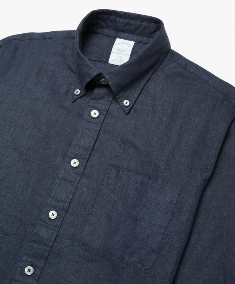 Navy Brooks Brothers Milano Slim-fit Irish Linen Men Shirts | TYF-964570