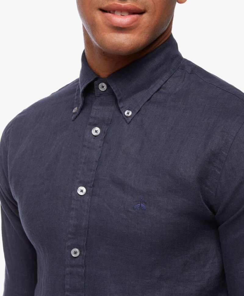 Navy Brooks Brothers Milano Slim-fit Linen Men Shirts | TNE-148290