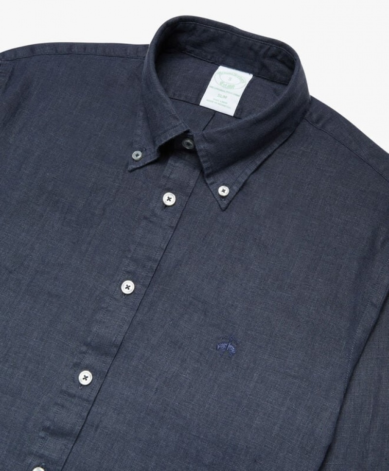 Navy Brooks Brothers Milano Slim-fit Linen Men Shirts | TNE-148290