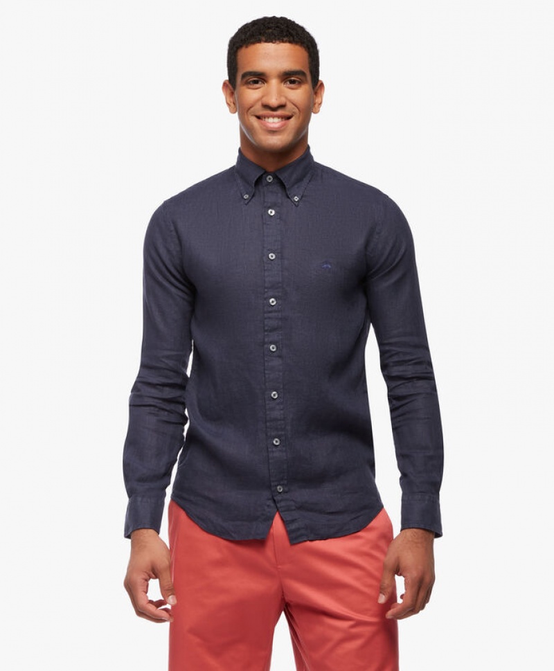 Navy Brooks Brothers Milano Slim-fit Linen Men Shirts | TNE-148290