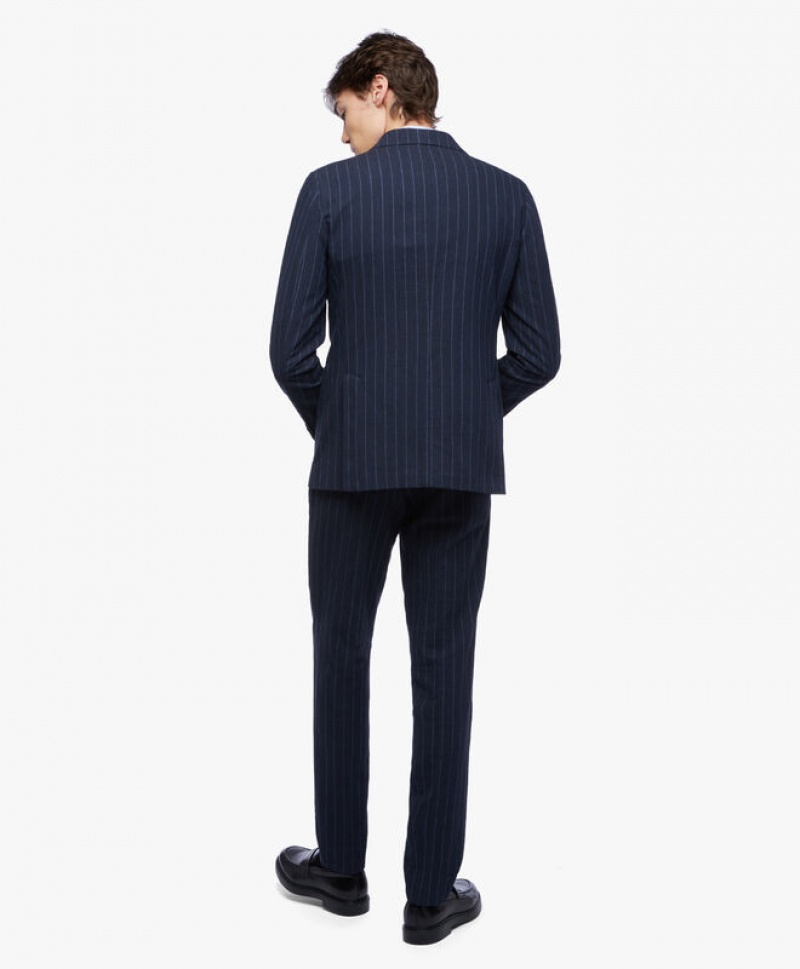 Navy Brooks Brothers Viscose-Cotton/Linen Blend Pinstripe Men Suits | UNK-730451