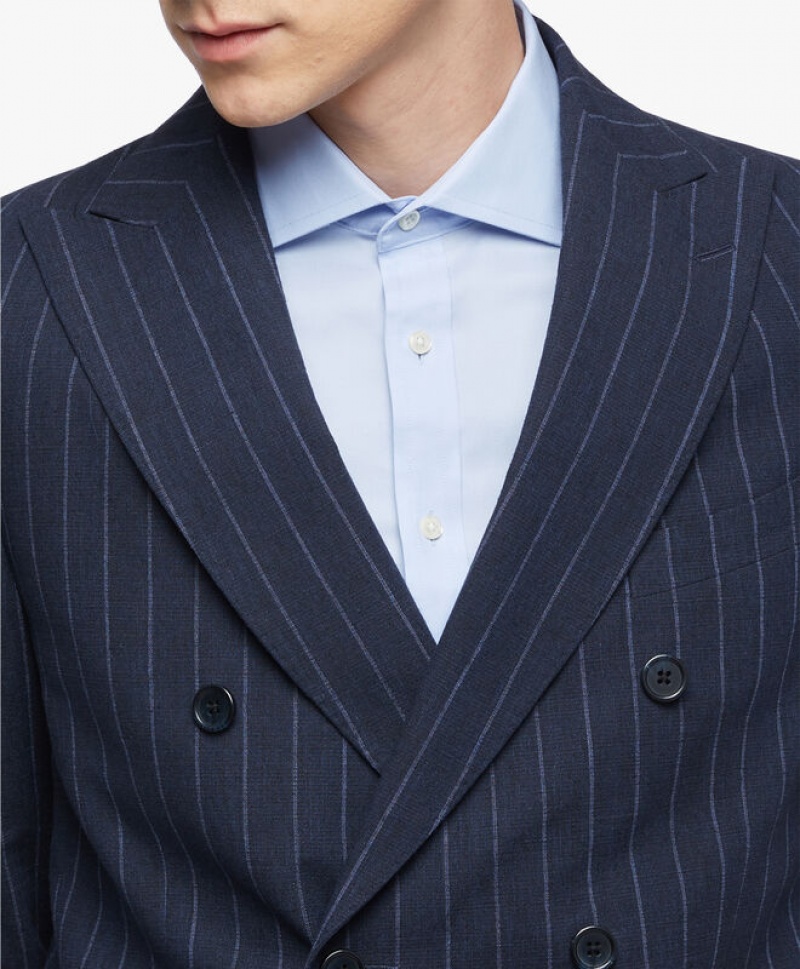 Navy Brooks Brothers Viscose-Cotton/Linen Blend Pinstripe Men Suits | UNK-730451