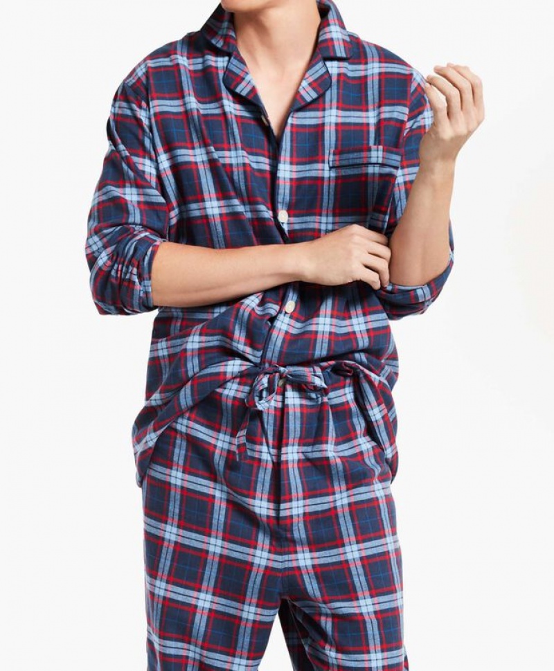 Navy / Red Brooks Brothers Plaid Flannel Open Men Nightwear | SJA-208375