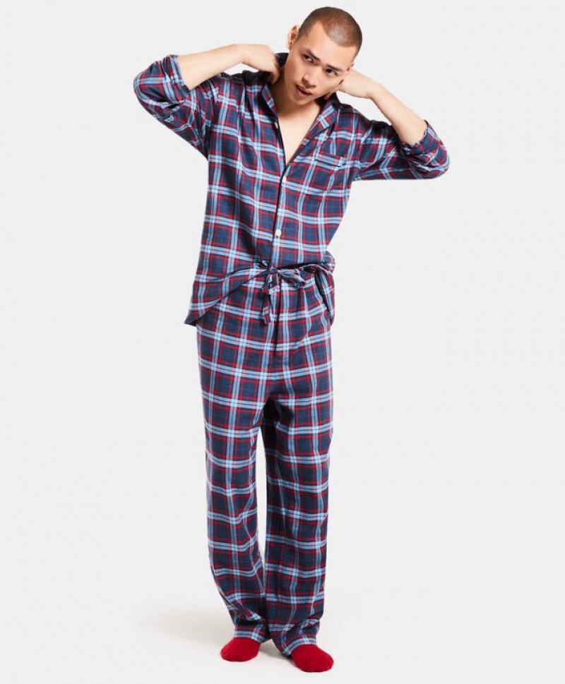 Navy / Red Brooks Brothers Plaid Flannel Open Men Nightwear | SJA-208375