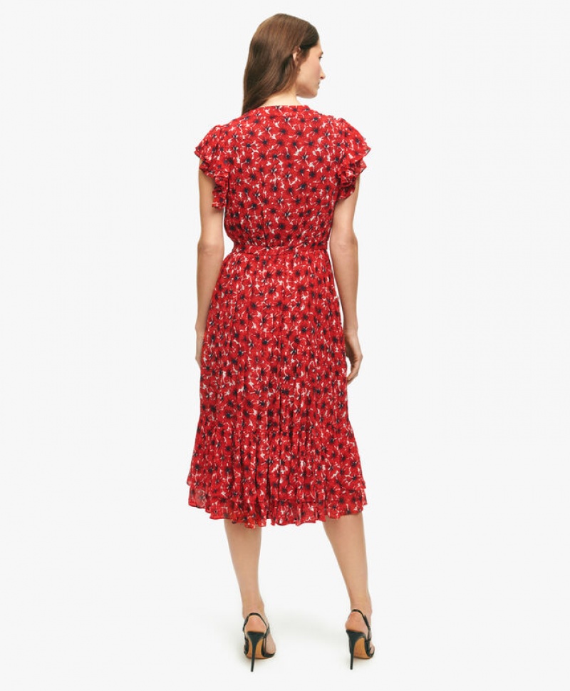 Red Brooks Brothers Chiffon Poppy Print Women Dresses | VPQ-739401