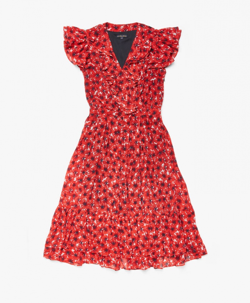 Red Brooks Brothers Chiffon Poppy Print Women Dresses | VPQ-739401