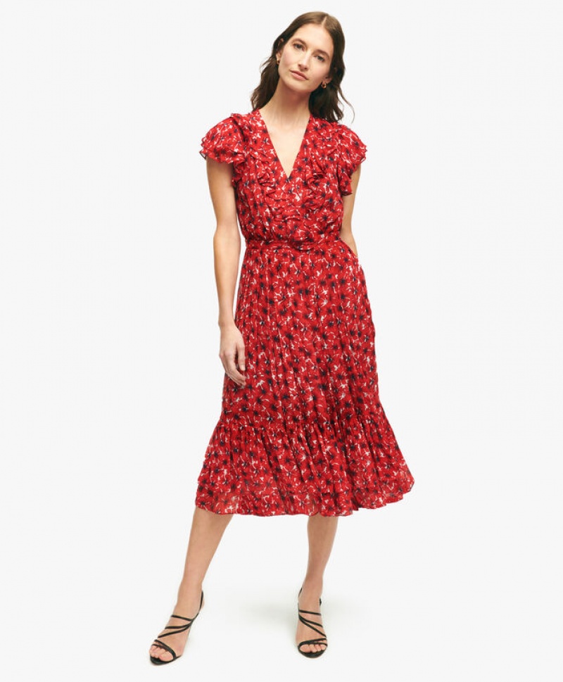 Red Brooks Brothers Chiffon Poppy Print Women Dresses | VPQ-739401