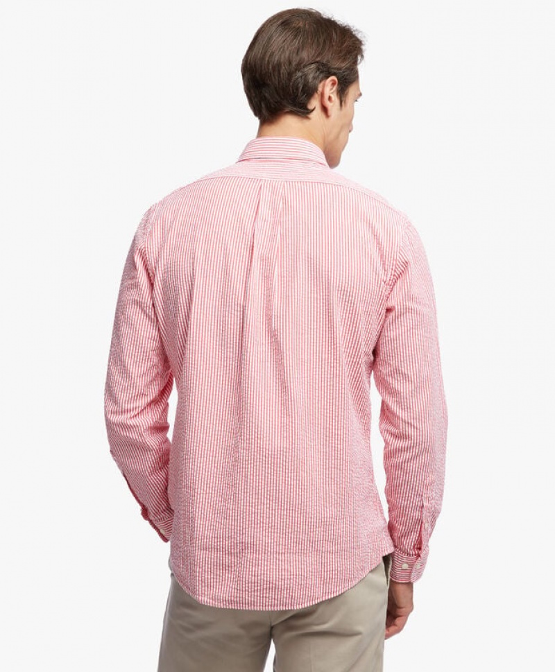 Red Brooks Brothers Regent Regular-fit, Seersucker Stretch, Button-Down Collar Men Shirts | ONM-243706