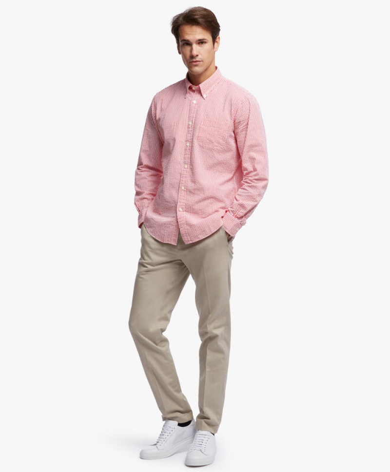 Red Brooks Brothers Regent Regular-fit, Seersucker Stretch, Button-Down Collar Men Shirts | ONM-243706