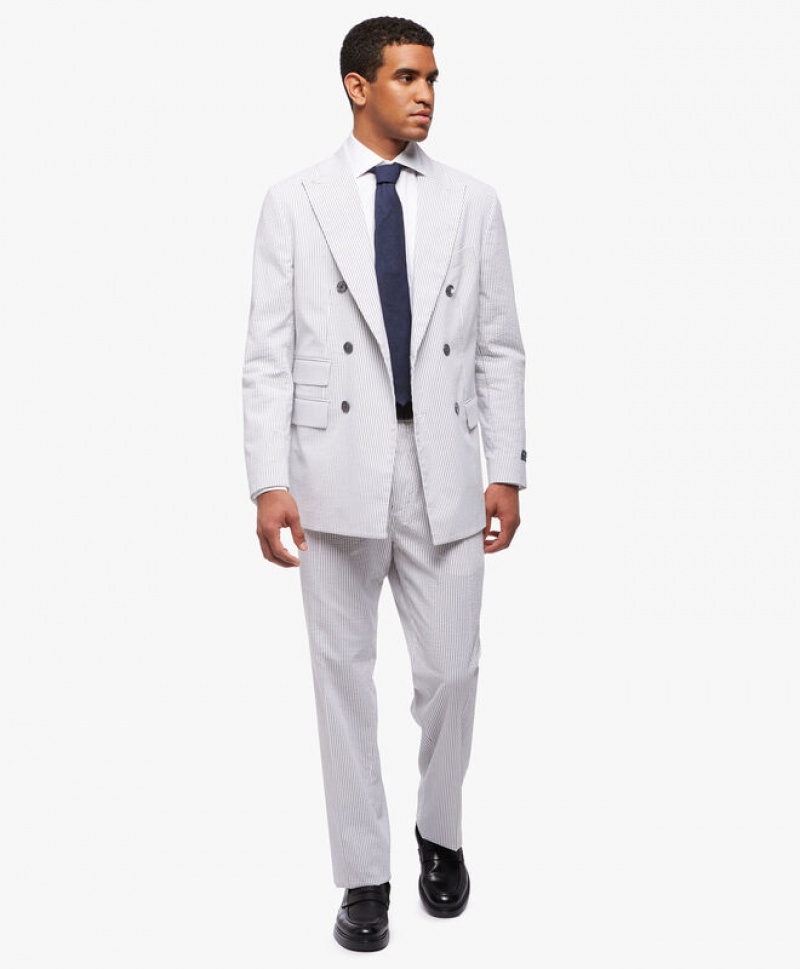 White Brooks Brothers Cotton Seersucker Double-Breasted Men Suits | OZA-874596