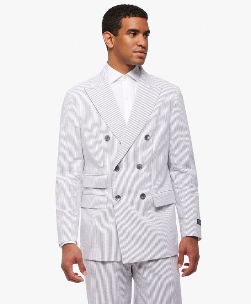 White Brooks Brothers Cotton Seersucker Double-Breasted Men Suits | OZA-874596