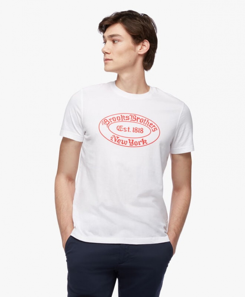 White Brooks Brothers Label Graphic Men T-shirts | BFC-315609