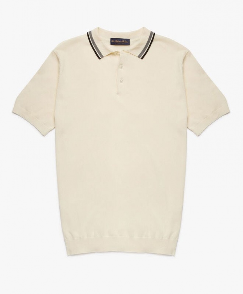 White Brooks Brothers Linen and Cotton Men Polo | SUR-351296