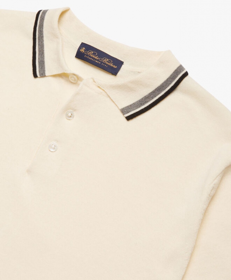 White Brooks Brothers Linen and Cotton Men Polo | SUR-351296