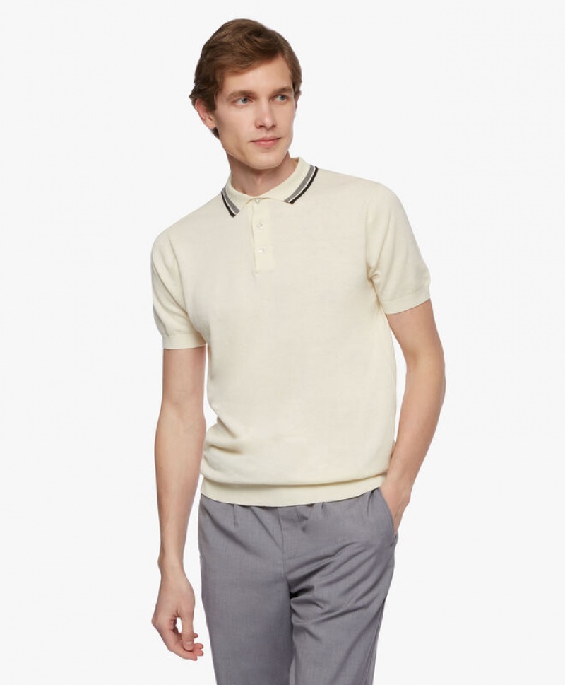 White Brooks Brothers Linen and Cotton Men Polo | SUR-351296