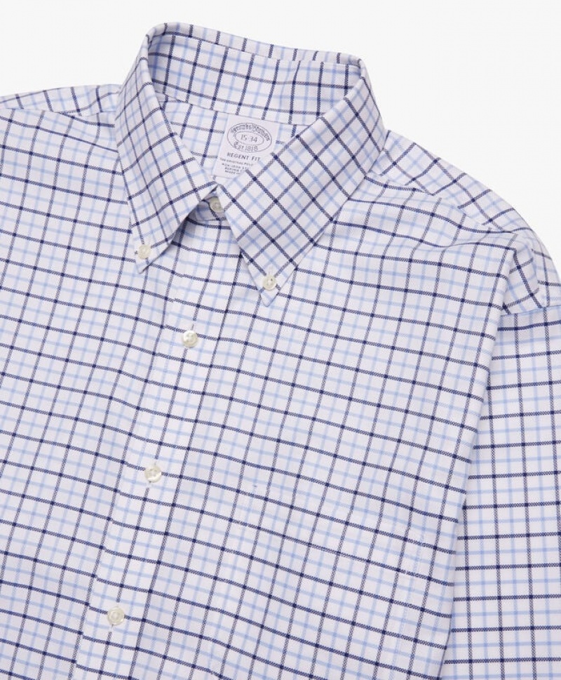 White Brooks Brothers Regular Fit Blue Non-Iron Button Down Men Shirts | BAJ-780359