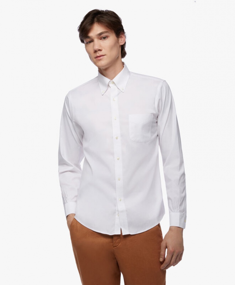 White Brooks Brothers Regular Fit White Non-Iron Pinpoint Button Down Men Shirts | VTF-876120