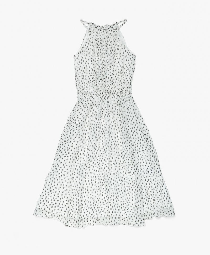 White / Black Brooks Brothers Chiffon Dot Print Pleated Halter Women Dresses | AOV-476183