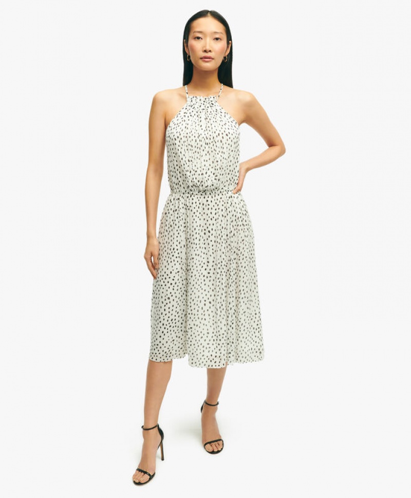 White / Black Brooks Brothers Chiffon Dot Print Pleated Halter Women Dresses | AOV-476183