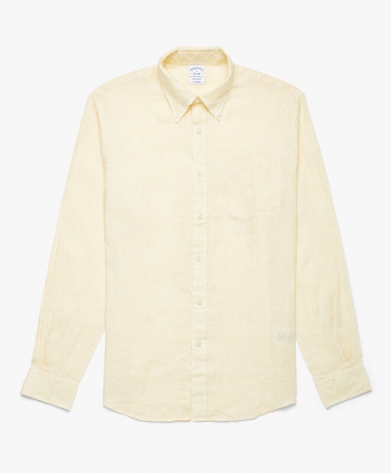 Yellow Brooks Brothers Regent regular fit Linen Men Shirts | OEC-817350