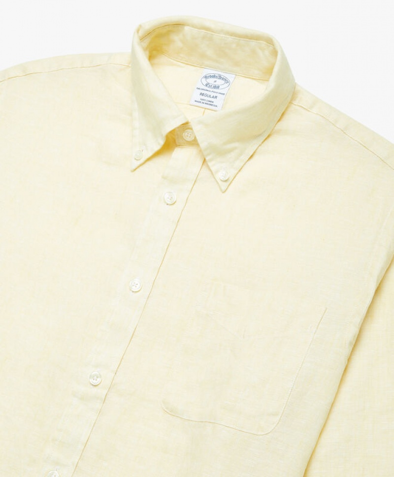 Yellow Brooks Brothers Regent regular fit Linen Men Shirts | OEC-817350